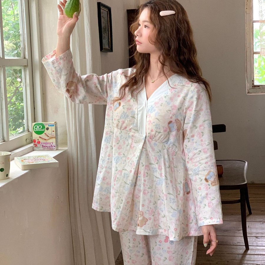 带胸垫哺乳月子服女纯棉纱布产后