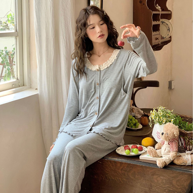 带胸垫莫代尔月子服春夏季薄款怀孕期产后哺乳睡衣宽松条纹5月6月