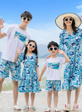 沙滩亲子装一家四口母女母子套装