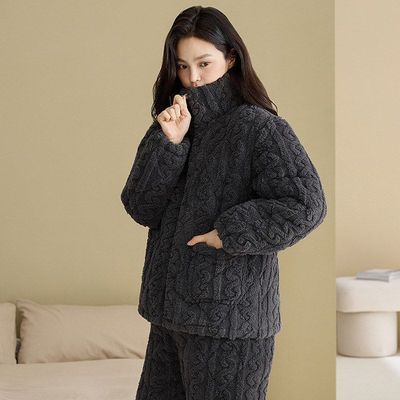 2025睡衣女冬季加绒加厚三层夹棉拉链超厚保暖珊瑚绒可外穿家居服