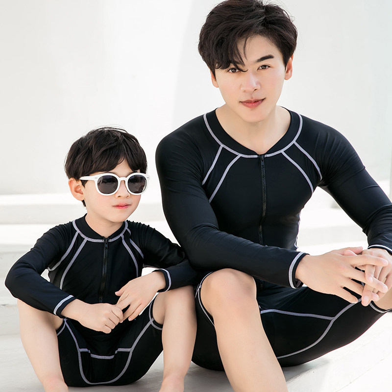 男童长袖泳衣连体平角中大童小男孩速干防晒潜水服亲子男士游泳衣
