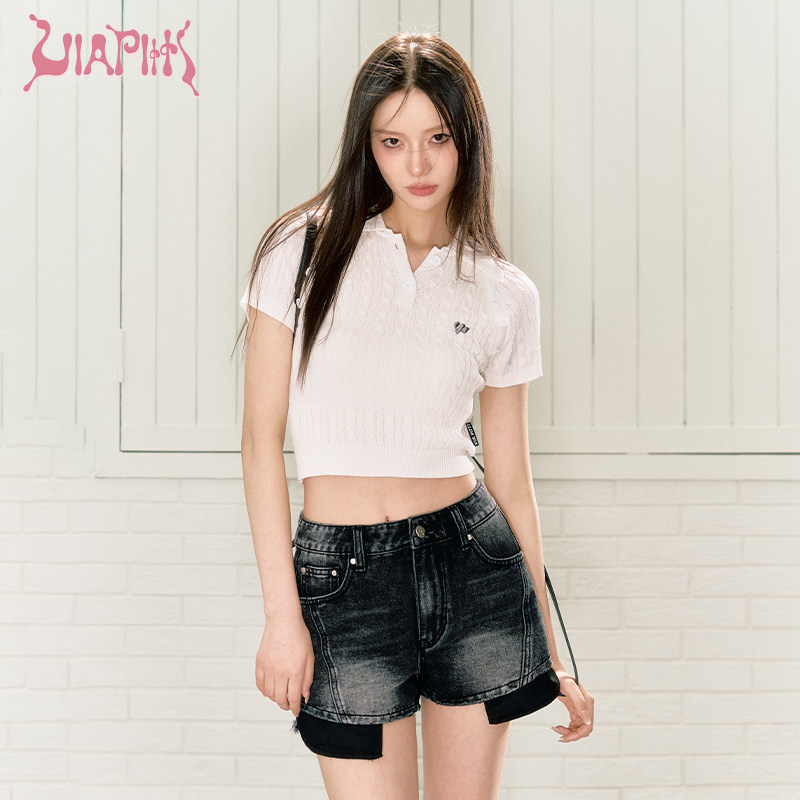 VIAPITTI纽扣麻花针织polo衫短袖t恤女2023夏季新品李一桐同款