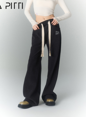 VIAPITTI百搭加绒织带休闲裤高腰垂感显瘦宽松冬季百搭西装裤女