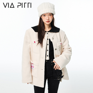 VIAPITTI星星系列大口袋仿羊羔毛连帽一体外套冬季毛绒棉服女宽松