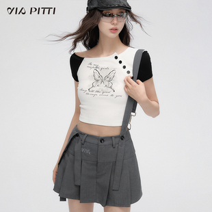 VIAPITTI学院风可拆卸背带半身裙女夏季百褶裙A字裙显瘦百搭短裙