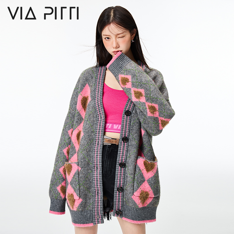 VIAPITTI秋冬学院风爱心菱格加厚毛衣宽松慵懒风中长款开衫外套