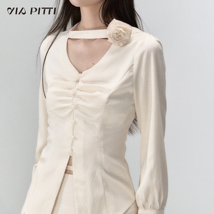 VIAPITTI新中式盘扣长袖衬衫女装秋季垂感V领设计感小众辣妹上衣