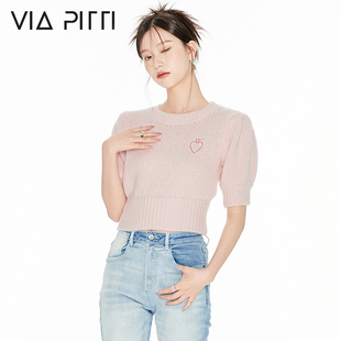VIAPITTI情人节系列泡泡袖爱心绣花毛织短袖2023春季新款内搭上衣