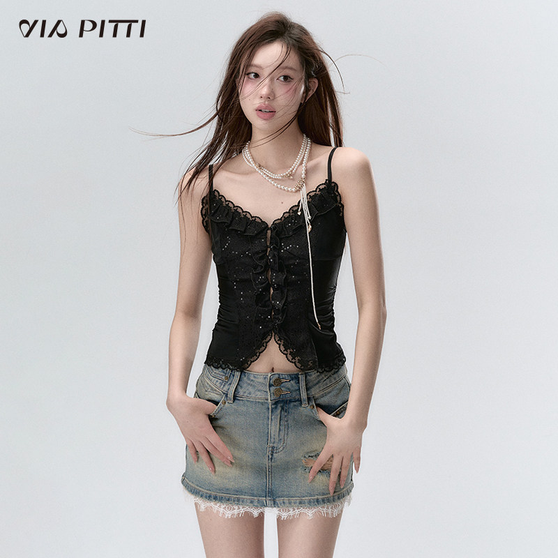 VIAPITTI闪闪拼接蕾丝木耳边背心吊带女夏内搭短款辣妹上衣打底衫
