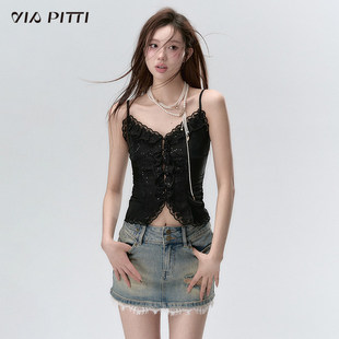 VIAPITTI闪闪拼接蕾丝木耳边背心吊带女夏内搭短款辣妹上衣打底衫