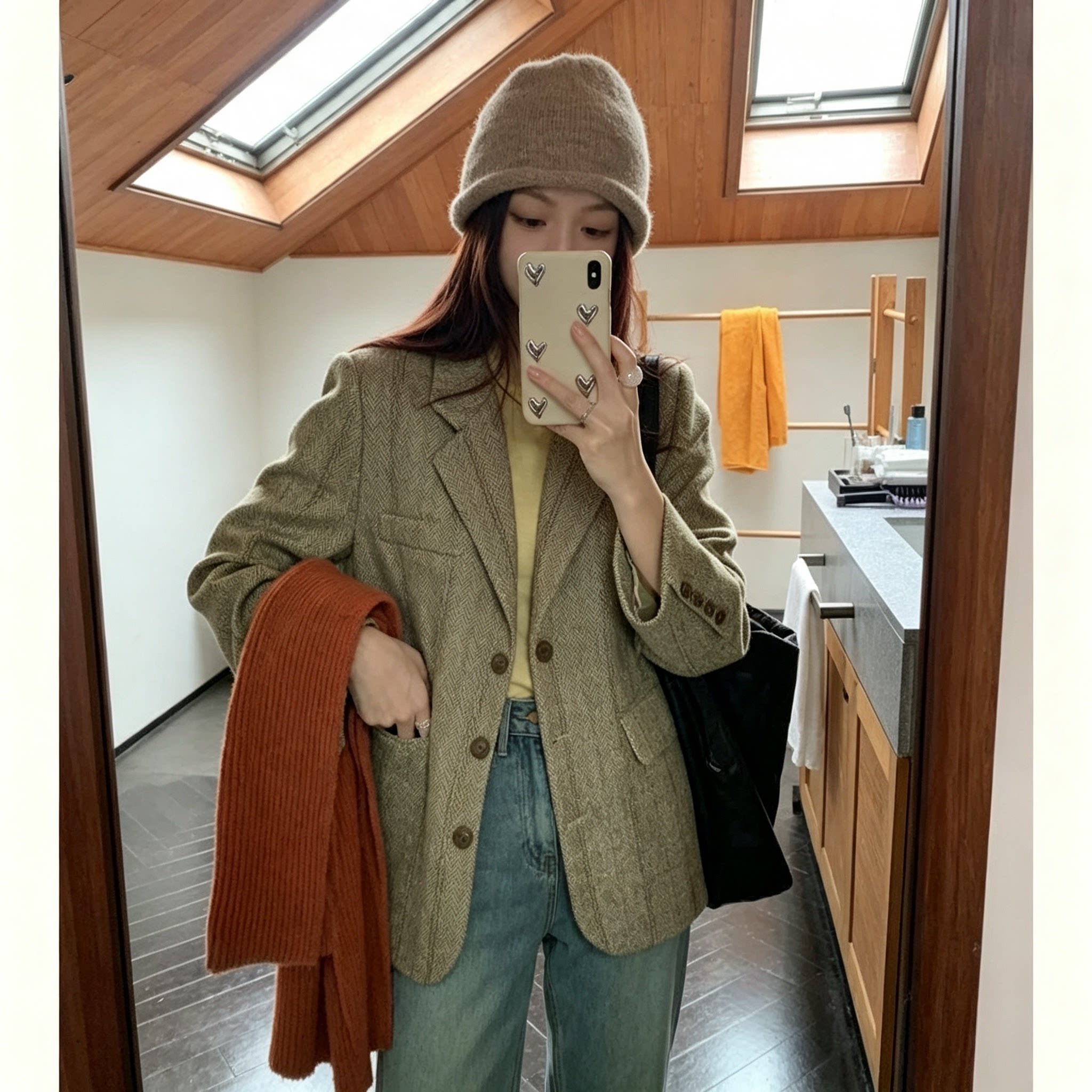 撞绿毛呢小香风西装外套女秋冬