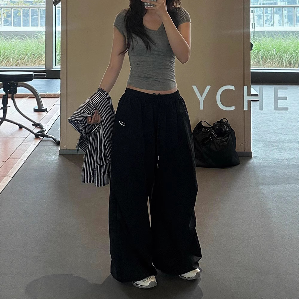 美式复古速干运动裤女夏季宽松百搭阔腿裤高腰抽绳cook爵士舞裤子