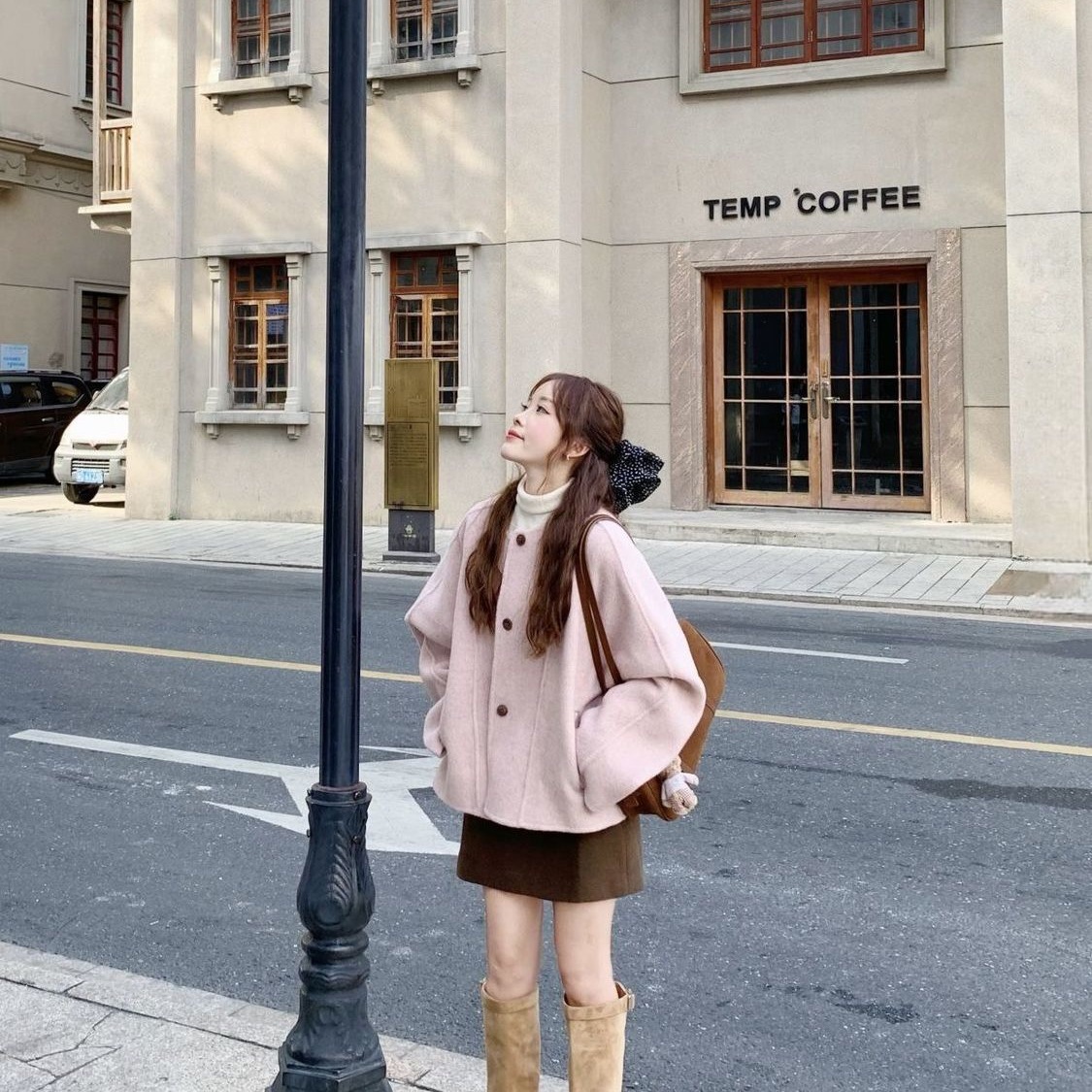 柔粉雪姬~小个子双面呢大衣蒲公英粉圆领短款羊毛外套女有吊牌