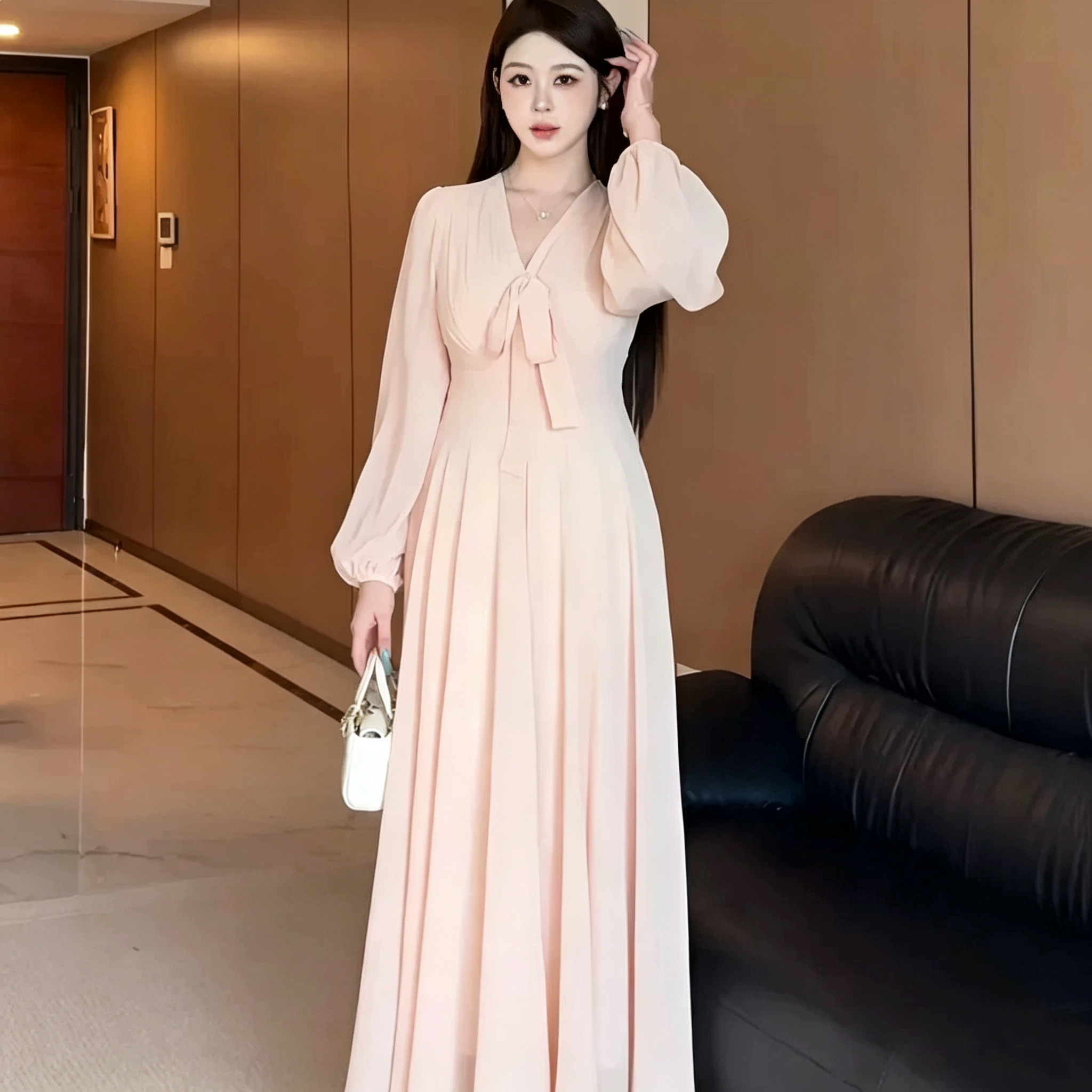 温柔长袖连衣裙秋季新款绑带收腰显瘦甜美气质长裙子大码高端女装