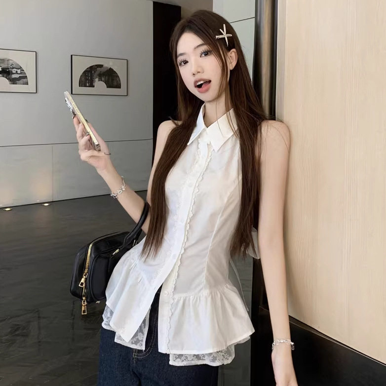 时尚法式设计感蕾丝拼接挂脖无袖衬衫夏季蝴蝶结绑带露背纯欲上衣