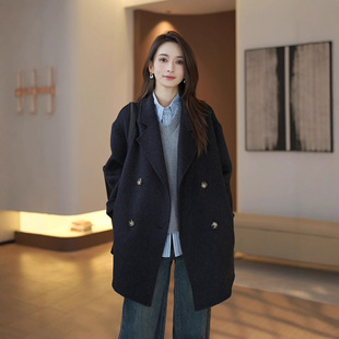 小众上衣中长款 秋冬新款 设计感气质灰色双面羊毛外套女装 LUXE韩版