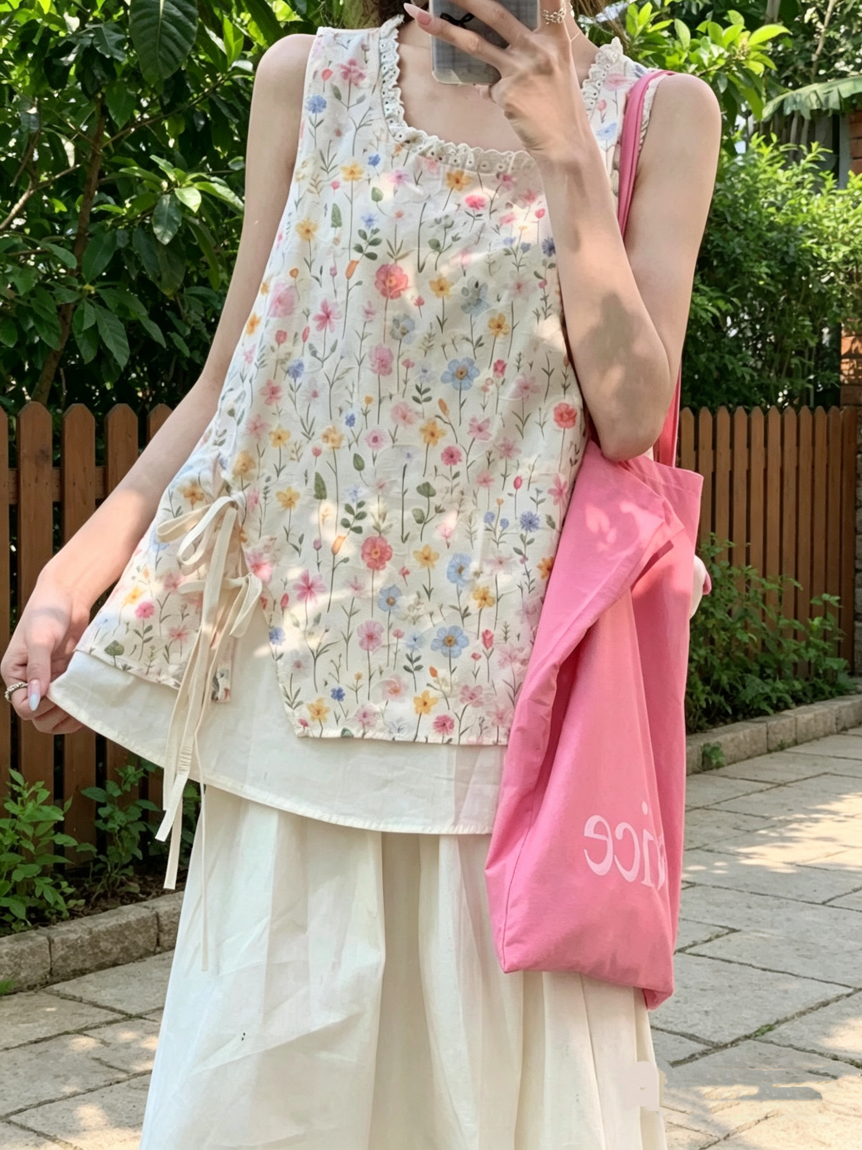 度假出游甜美套装女夏2026新款彩虹碎花无袖上衣背心高腰半身裙子