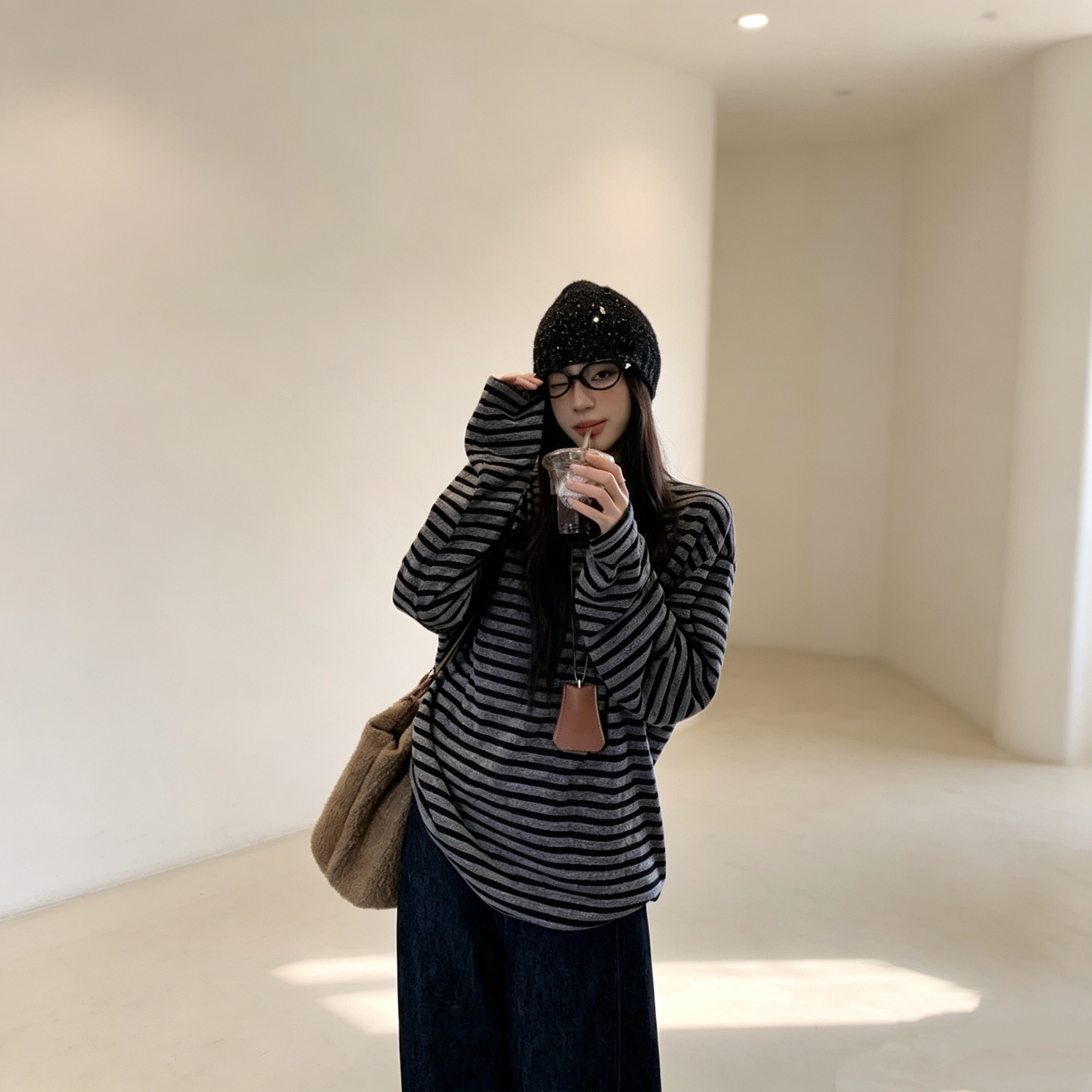 慵懒风条纹长袖T恤2026秋季新款韩系宽松中长款外穿内搭打底上衣