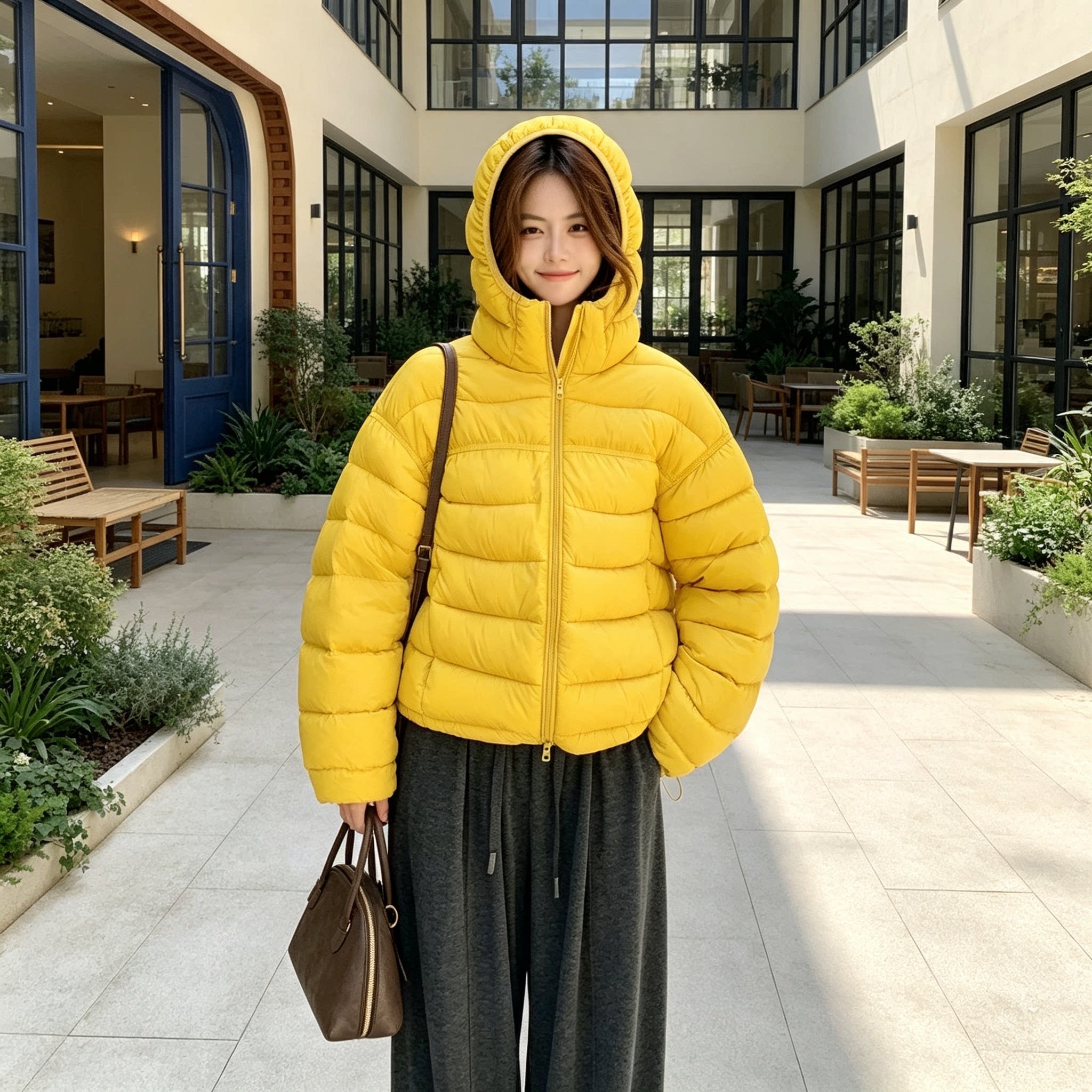 黄色外套韩系排骨纹连帽短款羽绒棉服女2026冬季轻薄里外同料棉衣