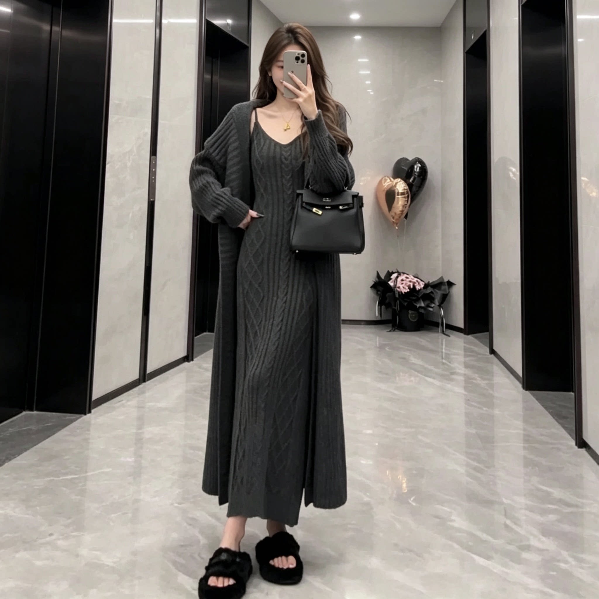港风淡人穿搭麻花针织吊带连衣裙长款+毛衣开衫外套气质两件套女