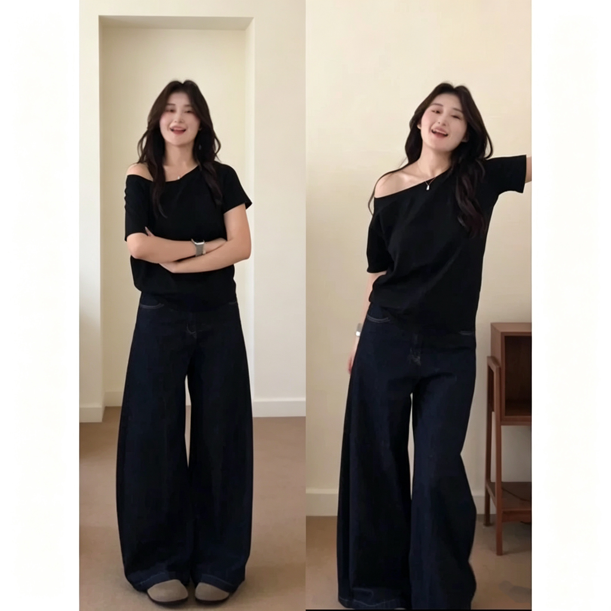 纯欲斜领露肩短袖T恤女宽松显瘦