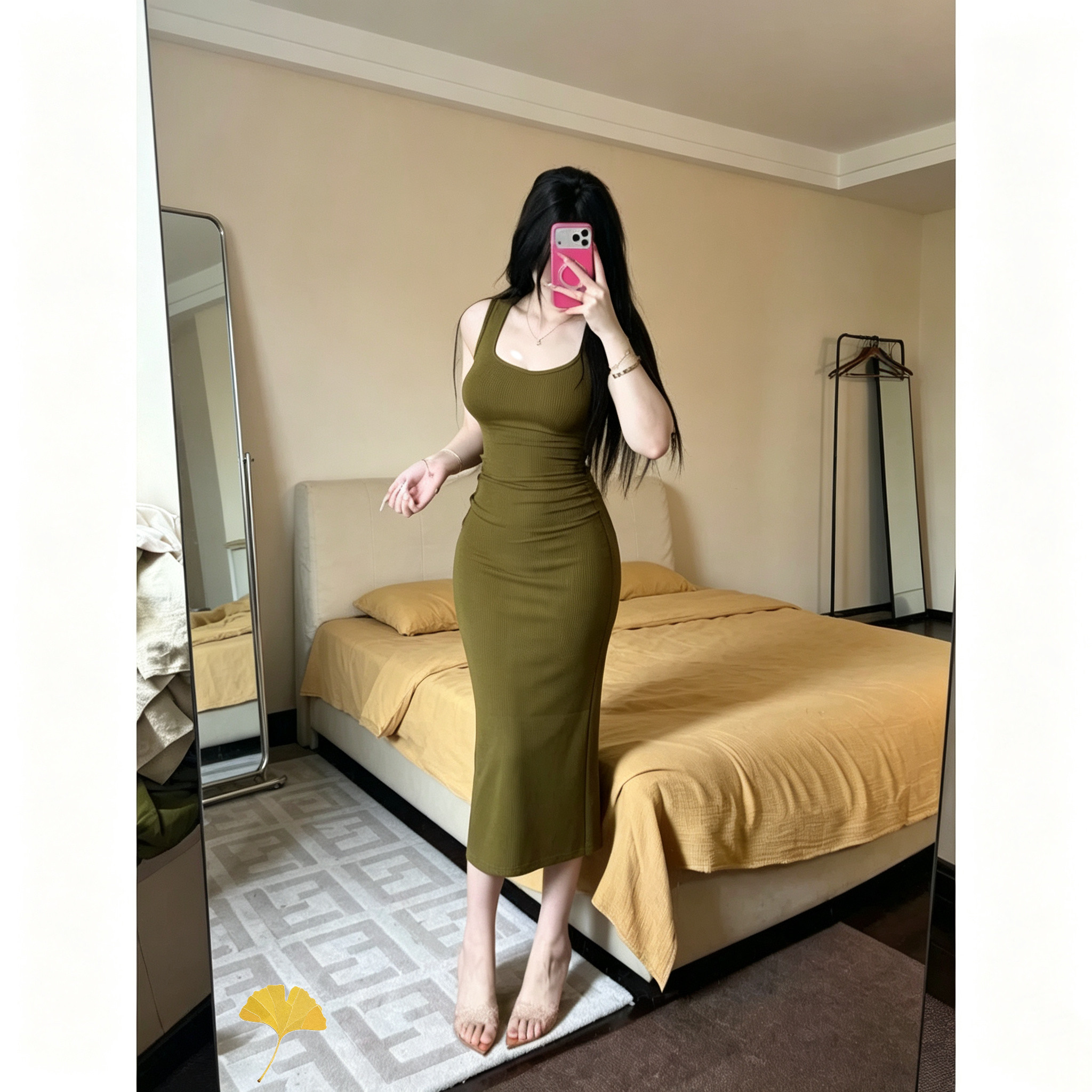 橄榄绿高智感收腰显瘦包臀连衣裙