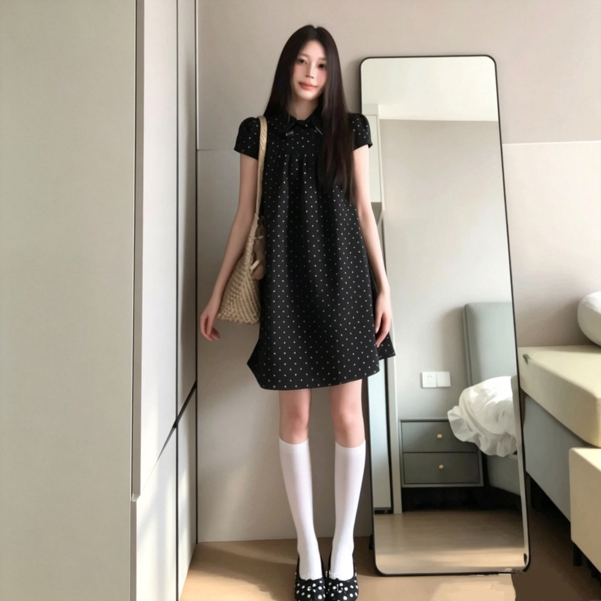 日系复古黑色波点娃娃领短袖连衣裙女夏季新款高级感时尚宽松短裙