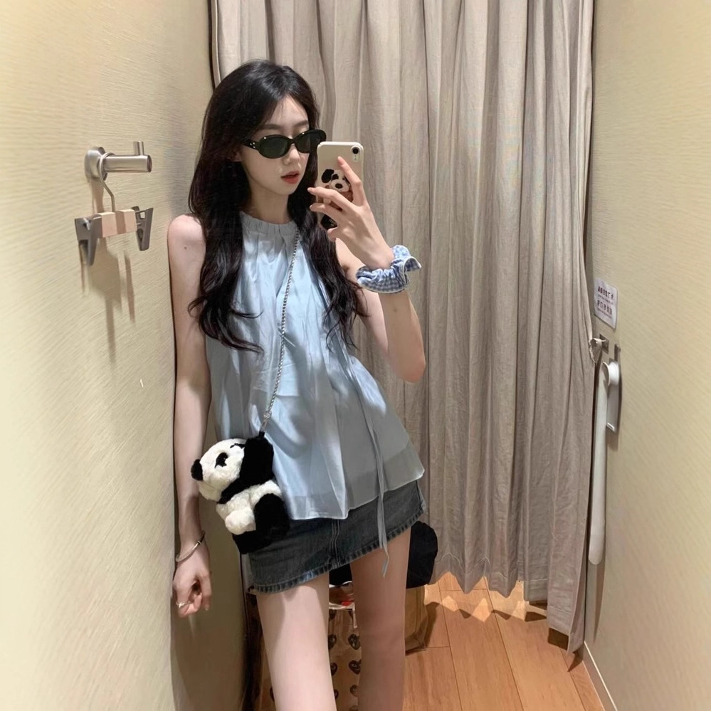 法式甜美感露肩挂脖衬衫女夏季减龄气质系带雪纺娃娃衫上衣薄