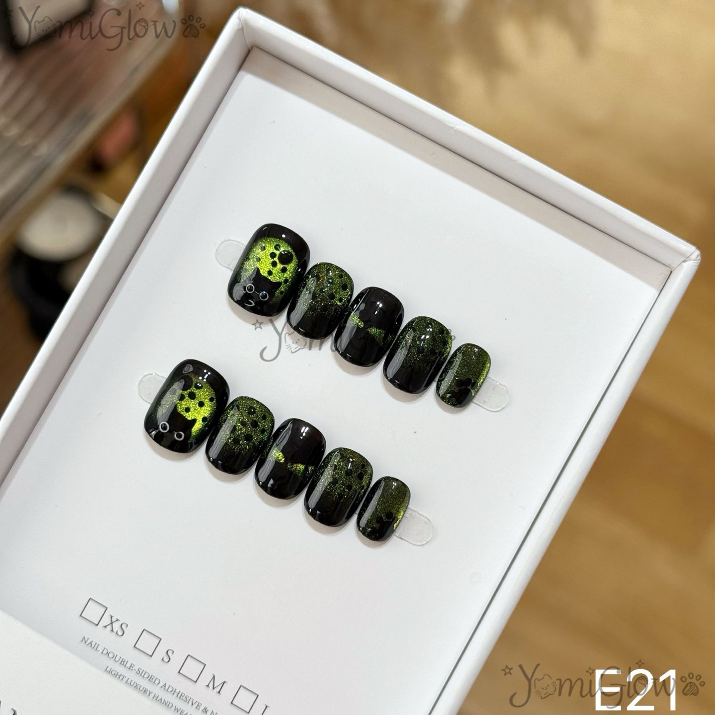 绿色闪粉黑豹纹穿戴甲纯手工定制y2k酷黑甲片甜酷辣妹短猫咪美甲