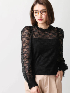 超值日系外贸女款宽松灯笼袖蕾丝镂空打底衫长袖T恤小衫女泡泡袖