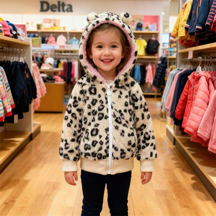 外单童装女童秋冬款珊瑚绒满印豹纹连帽款拉链衫上衣外套帽衫