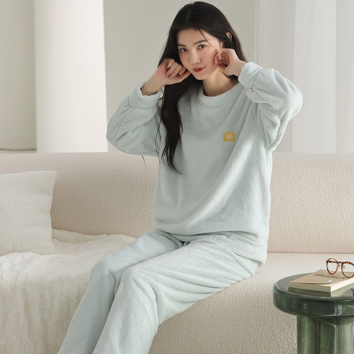 珊瑚绒睡衣女套头套装长袖加绒加厚保暖法兰绒冬季女家居服套装