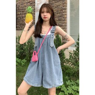 胖妹妹mm宽松显瘦直筒阔腿裤 大码 女春夏韩版 学生减龄牛仔背带短裤