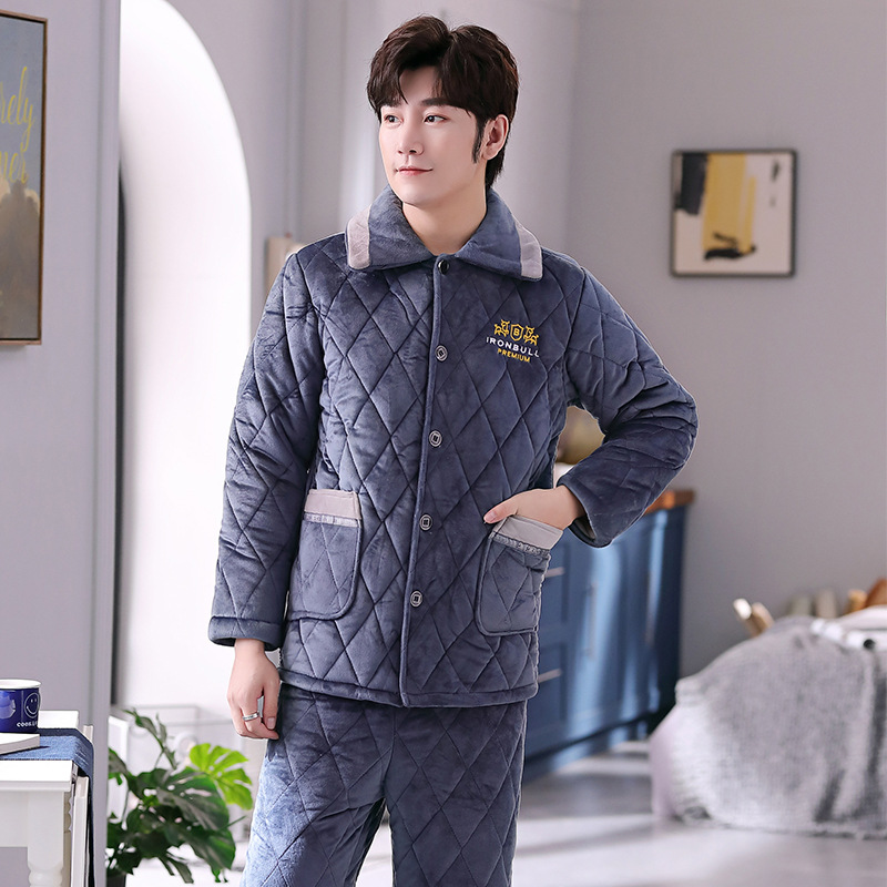 夹棉睡衣男款开衫翻领三层加厚可外穿男士棉袄家居服套装保暖加厚