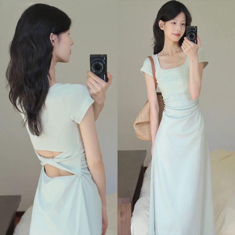 绿色收腰连衣裙小妈修身包臀裙高级感微胖a型长裙御姐裙子女春季