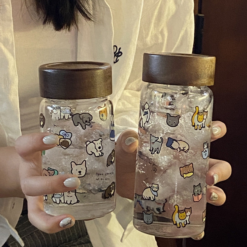 手绘小猫修狗随手杯耐热玻璃杯密封罐咖啡豆密封杯便携冷萃咖啡杯