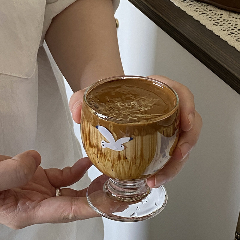 飞鸟高脚杯高级感玻璃杯ins小众复古气泡水矮脚杯家用精致小酒杯