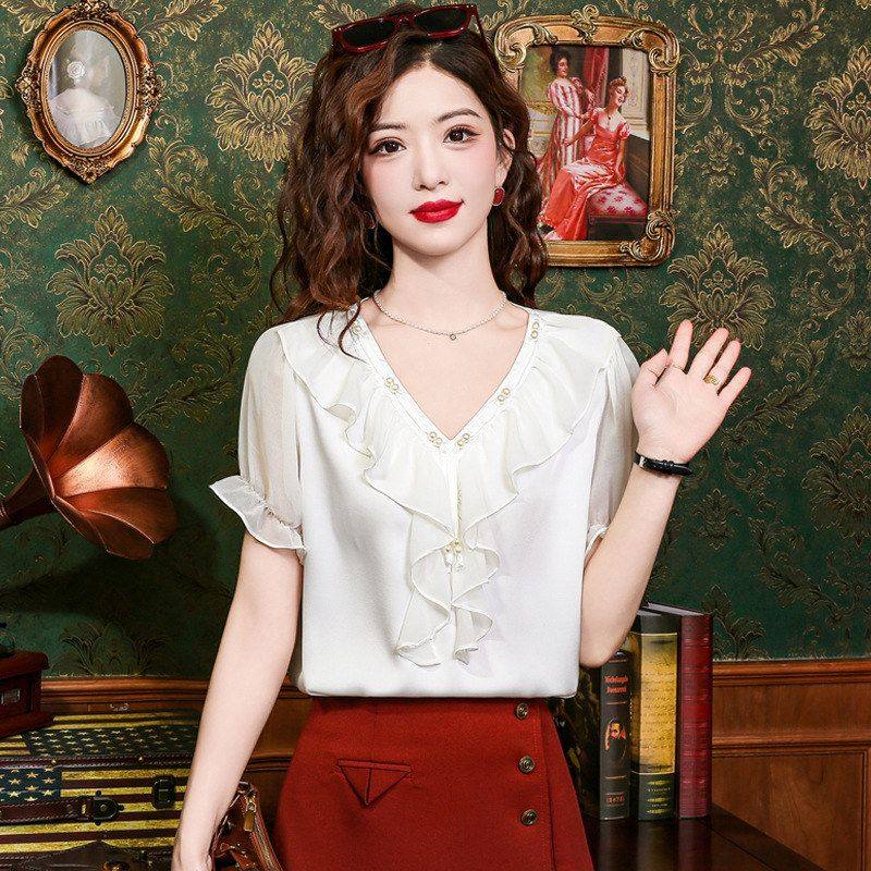 已出货法式荷叶边v领短袖雪纺衬衫女2024夏季新款泡泡袖漂亮小衫,女装/女士精品,汉服半身裙,淘宝优惠券,粉丝福利购,淘宝优惠卷