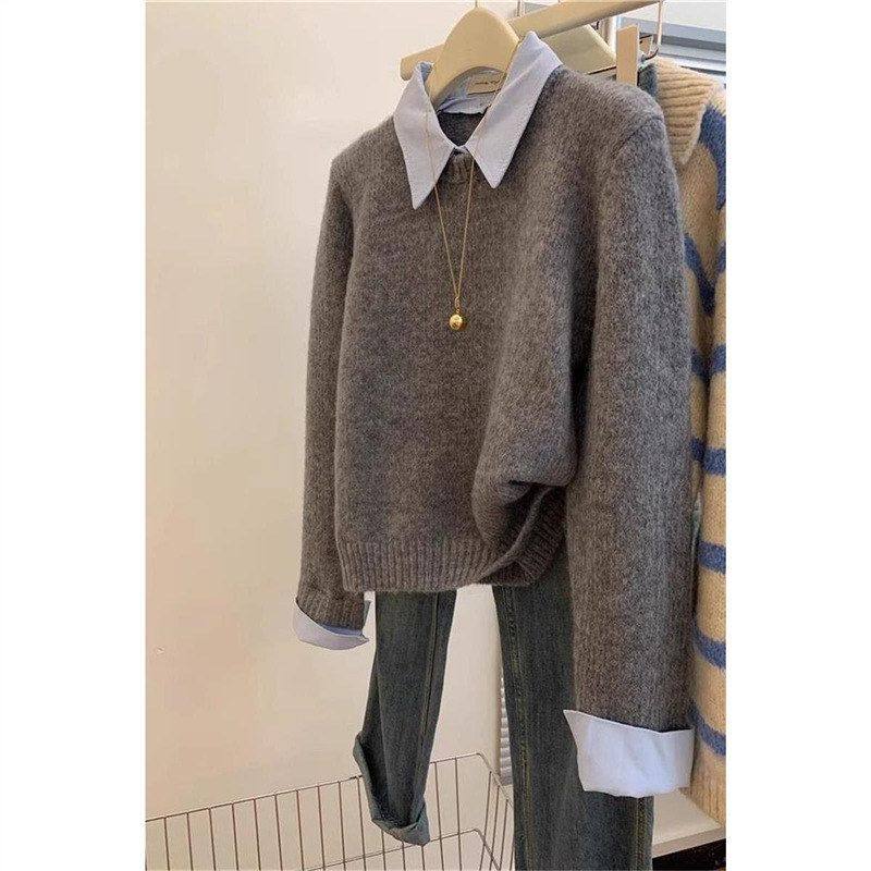 EH假两件衬衫领毛衣女秋装新款内搭慵懒风撞色翻领灰色针织衫上衣,女装/女士精品,羊绒衫,淘宝优惠券,粉丝福利购,淘宝优惠卷