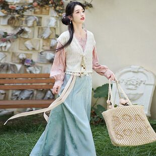 实拍鸡心领唐制短衫百搭提花长袖衬衣日常穿八破裙显瘦半身裙套装