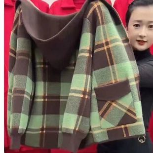 妈妈装仿双面呢短款外套女秋冬季中老年女大码格子春毛呢连帽开衫