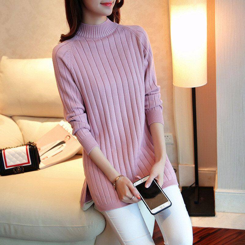秋冬加厚打底衫女宽松韩版半高领套头针织衫毛衣女纯色中长款外套