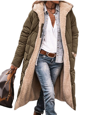 Women Outwear Overcoat Long Coat欧美纯色连帽棉服长袖加厚外套