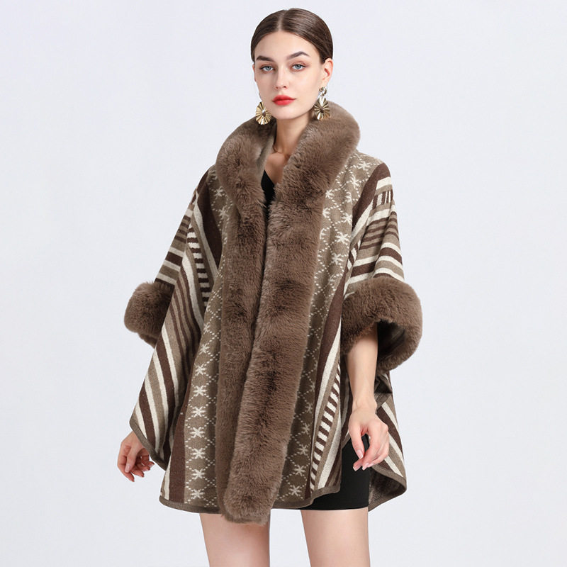 Poncho Oversize Coat Shawl 欧美秋冬新款仿獭兔毛领披肩斗篷女