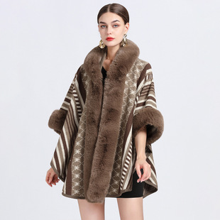 欧美秋冬新款 Poncho Shawl Coat 仿獭兔毛领披肩斗篷女 Oversize