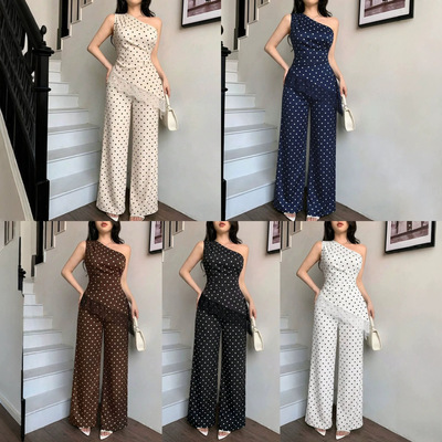 Women Outfits Sets女装波点斜肩拼接蕾丝花边上衣阔腿裤两件套装