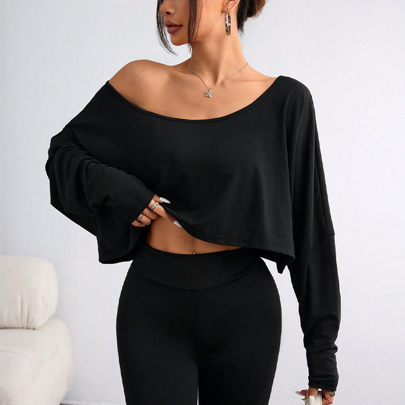 Women Tees Top Off Shoulder欧美斜肩长袖t恤短款露肩宽松上衣女