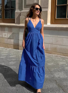 Women Dresses Loose Casual性感蓝色v领吊带裙女春季宽松休闲裙