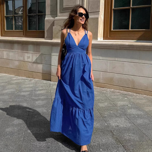 Casual性感蓝色v领吊带裙女春季 Loose 宽松休闲裙 Dresses Women