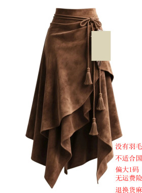 Women Long Autumn Skirts咖色半身裙女不规则系带显瘦a字中长裙